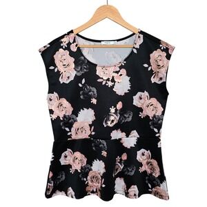 Rickis Womens Black Rose Gold Floral Peplum Sleeveless Top Large